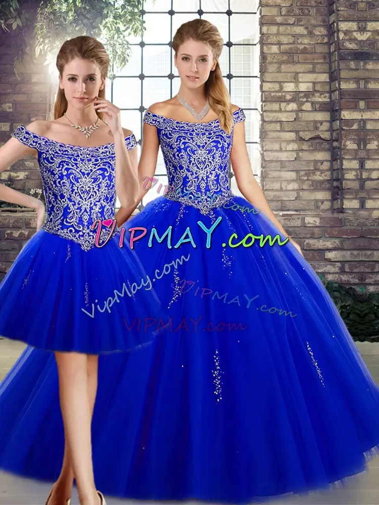 Graceful Royal Blue Tulle Lace Up Off The Shoulder Sleeveless Floor Length 15th Birthday Dress Beading