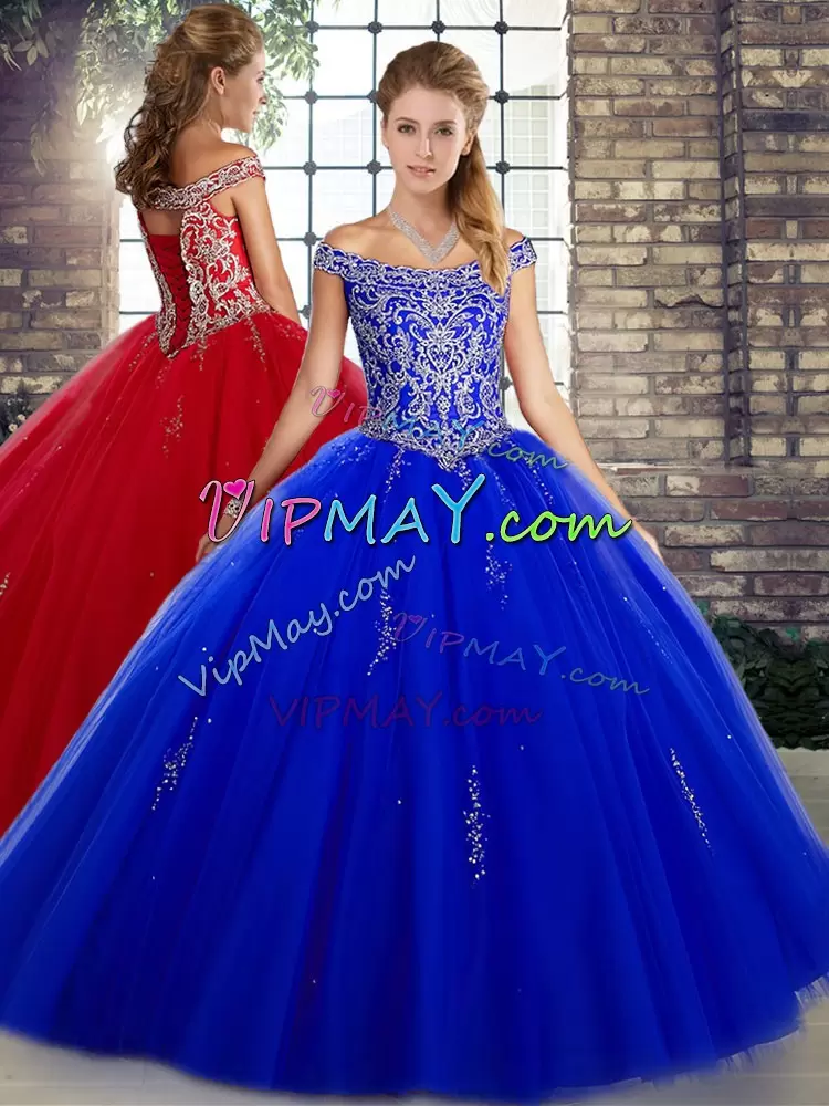 Graceful Royal Blue Tulle Lace Up Off The Shoulder Sleeveless Floor Length 15th Birthday Dress Beading