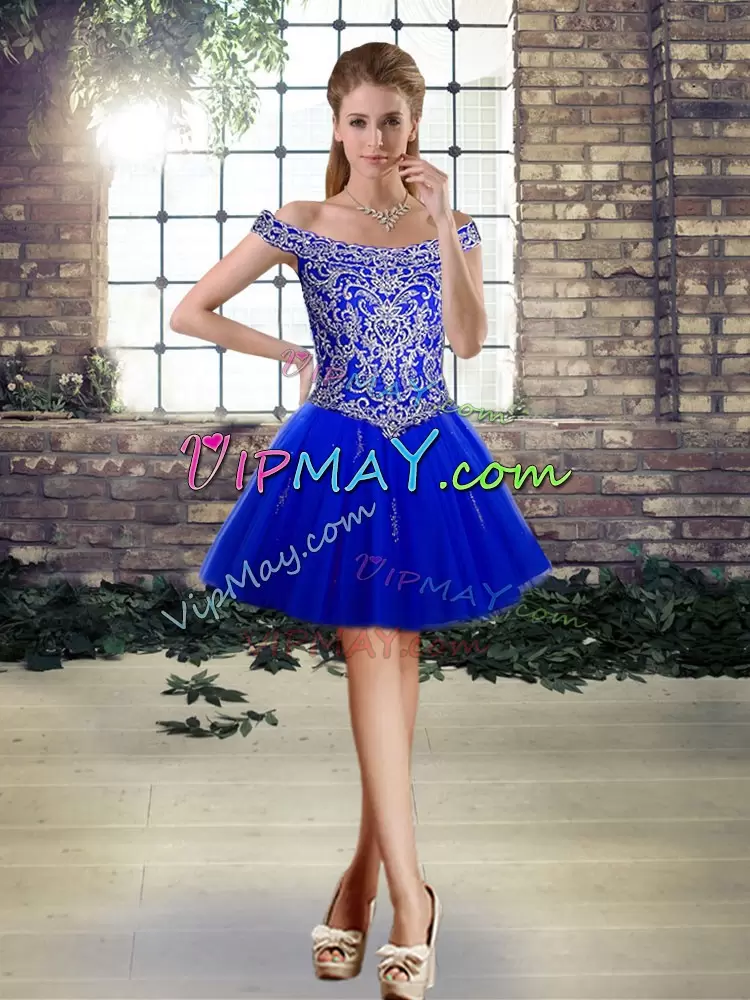 Graceful Royal Blue Tulle Lace Up Off The Shoulder Sleeveless Floor Length 15th Birthday Dress Beading