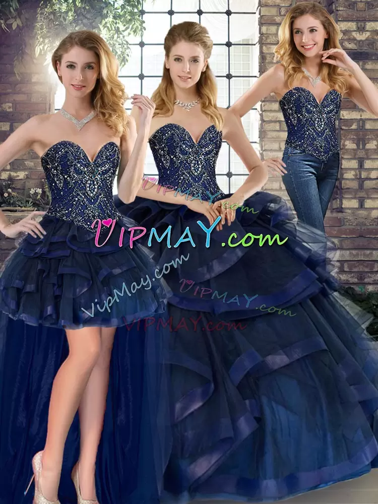 Navy Blue Sleeveless Beading and Ruffles Floor Length Quinceanera Gowns