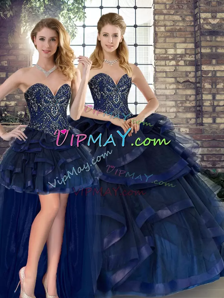 Navy Blue Sleeveless Beading and Ruffles Floor Length Quinceanera Gowns