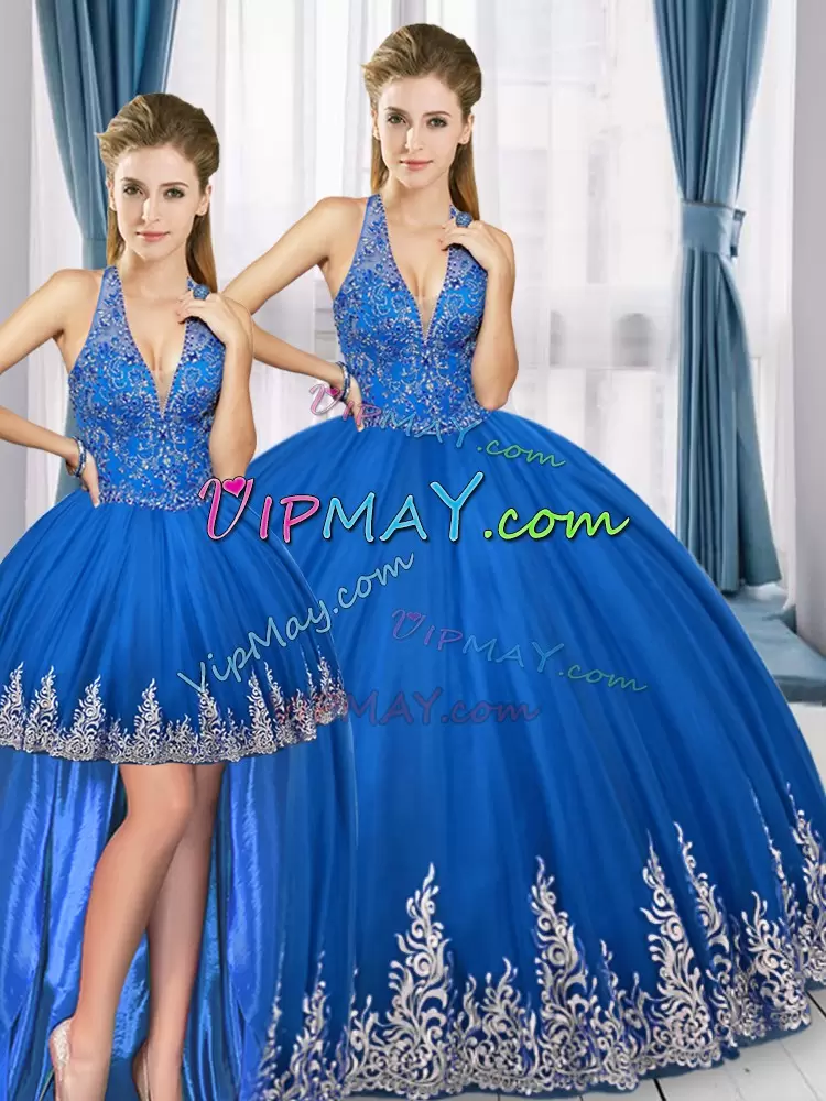 Floor Length Three Pieces Sleeveless Royal Blue Quinceanera Dresses Lace Up