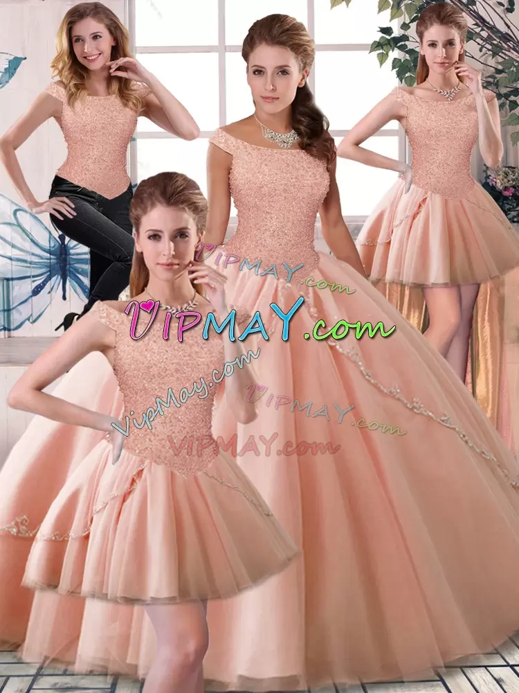 Customized Brush Train Ball Gowns Sweet 16 Dress Peach Off The Shoulder Tulle Sleeveless Lace Up