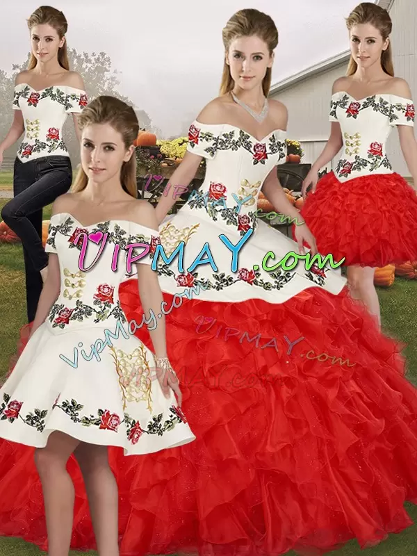 Fantastic Off The Shoulder Sleeveless Organza Quinceanera Dresses Embroidery and Ruffles Lace Up