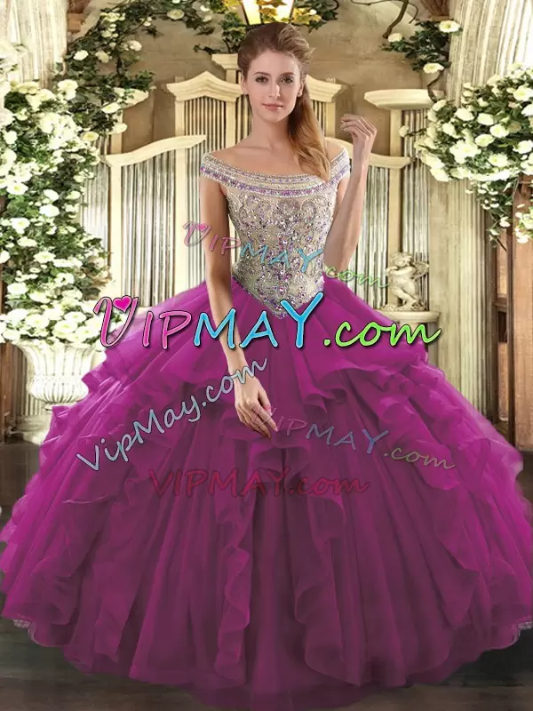 Stunning Beading and Ruffles Quince Ball Gowns Fuchsia Lace Up Sleeveless Floor Length