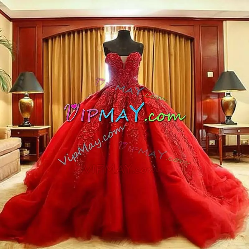 Fashionable Sweetheart Sleeveless Brush Train Lace Up Ball Gown Prom Dress Red Tulle Appliques