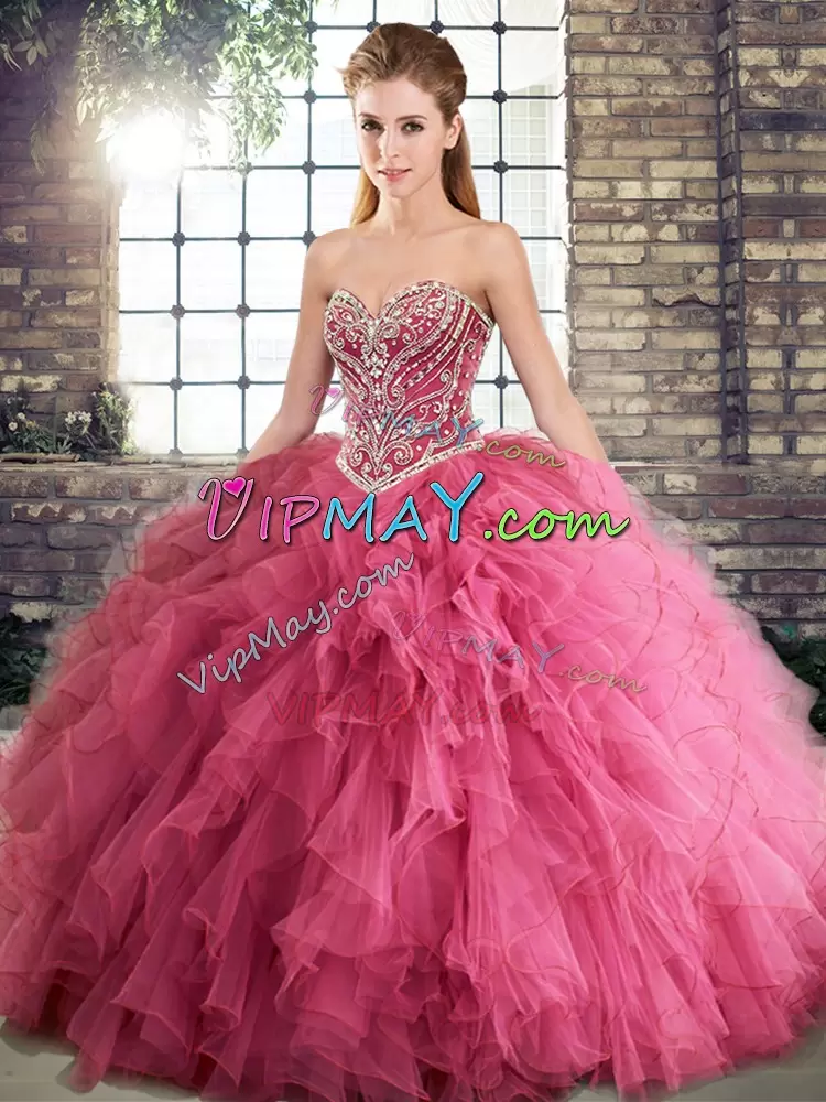 Fantastic Watermelon Red Tulle Lace Up Sweetheart Sleeveless Floor Length 15 Quinceanera Dress Beading and Ruffles