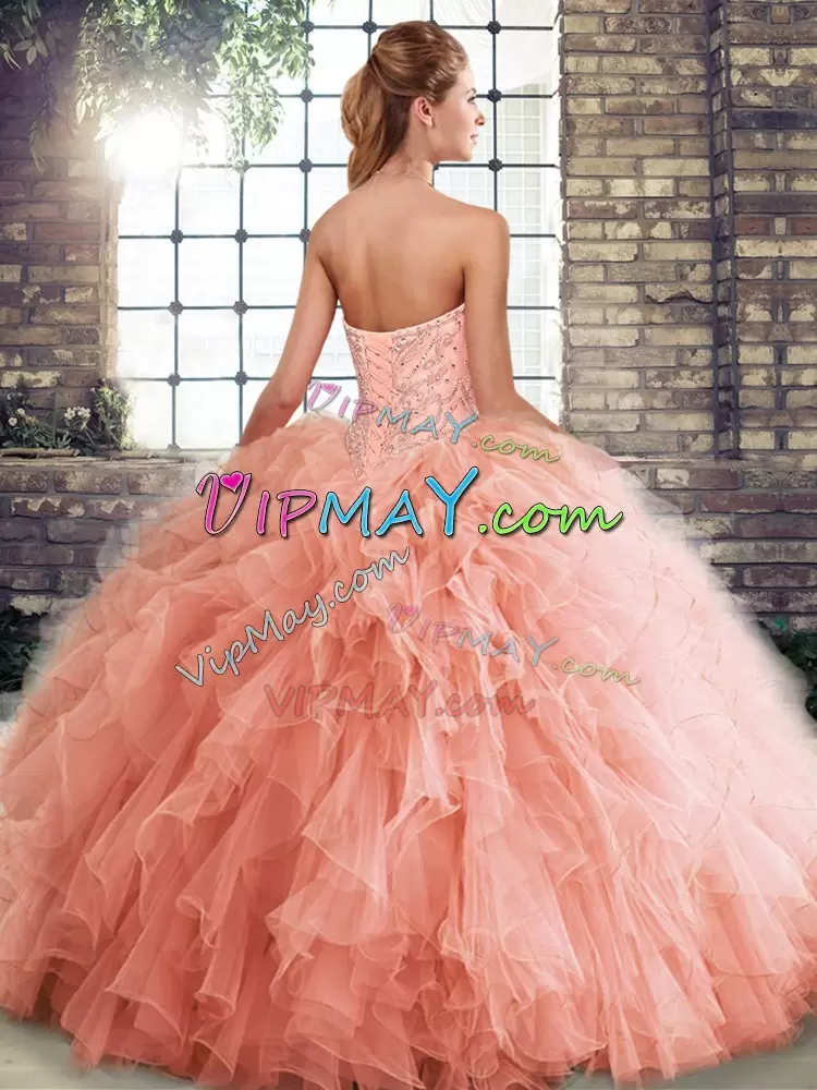 Fantastic Watermelon Red Tulle Lace Up Sweetheart Sleeveless Floor Length 15 Quinceanera Dress Beading and Ruffles