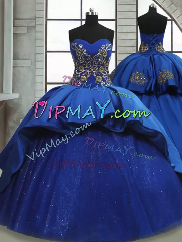 Royal Blue Ball Gowns Sweetheart Sleeveless Satin and Tulle Sweep Train Lace Up Beading and Appliques Sweet 16 Dresses