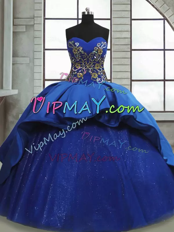 Royal Blue Ball Gowns Sweetheart Sleeveless Satin and Tulle Sweep Train Lace Up Beading and Appliques Sweet 16 Dresses