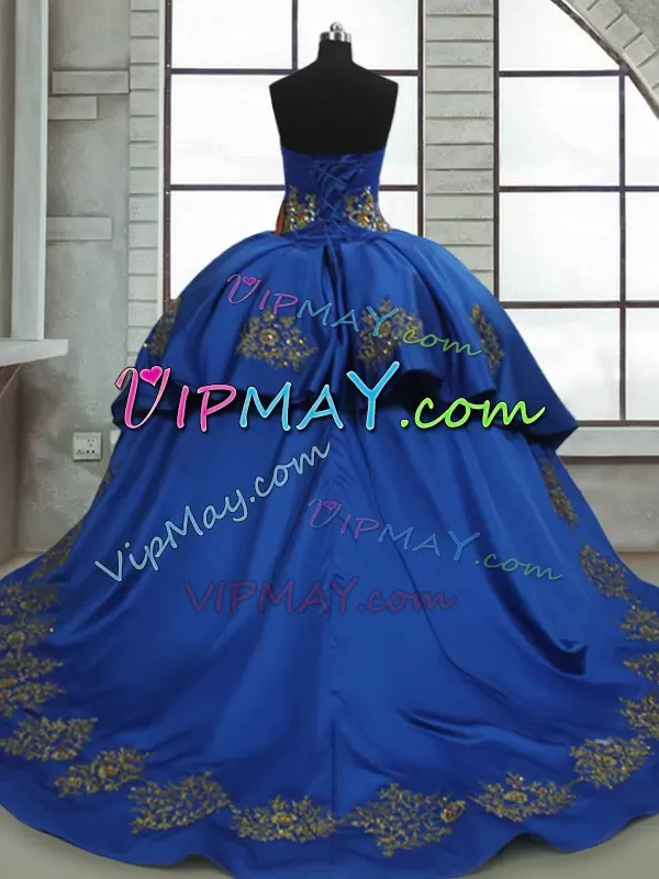 Royal Blue Ball Gowns Sweetheart Sleeveless Satin and Tulle Sweep Train Lace Up Beading and Appliques Sweet 16 Dresses