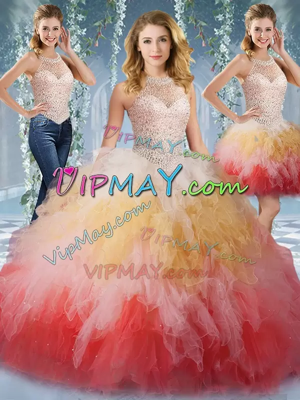 Super Tulle Sleeveless Floor Length Quince Ball Gowns and Beading and Ruffles