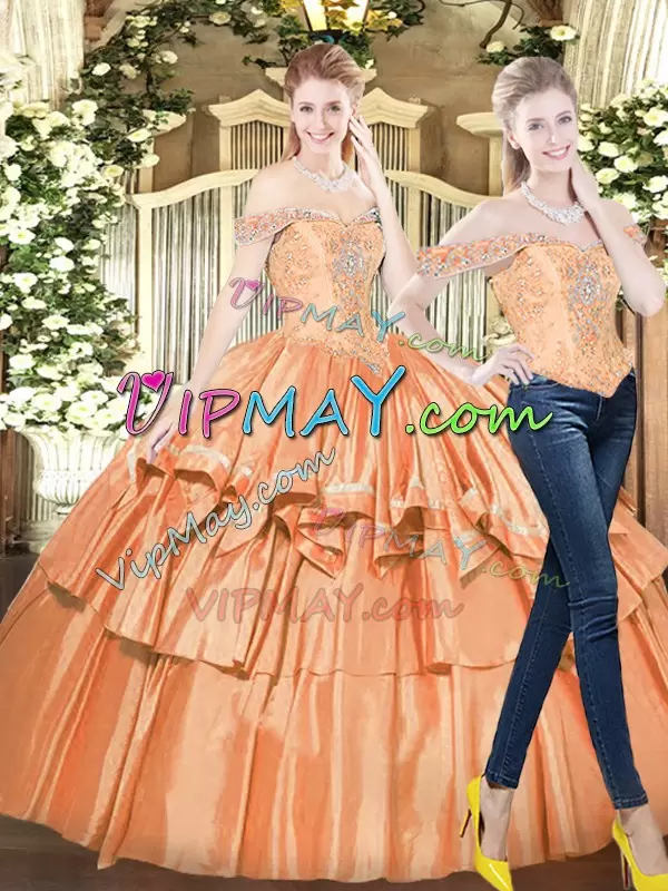 Floor Length Lace Up 15 Quinceanera Dress Orange Red for Military Ball and Sweet 16 and Quinceanera with Beading and Ruffled Layers