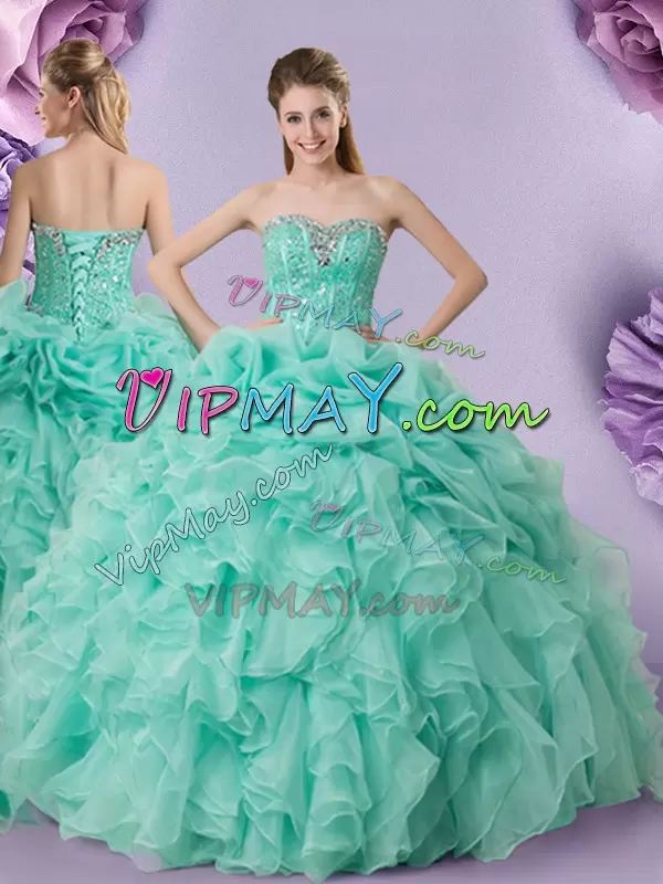 Cheap Floor Length Lace Up 15th Birthday Dress Apple Green for Military Ball and Sweet 16 and Quinceanera with Beading and Ruffles and Pick Ups