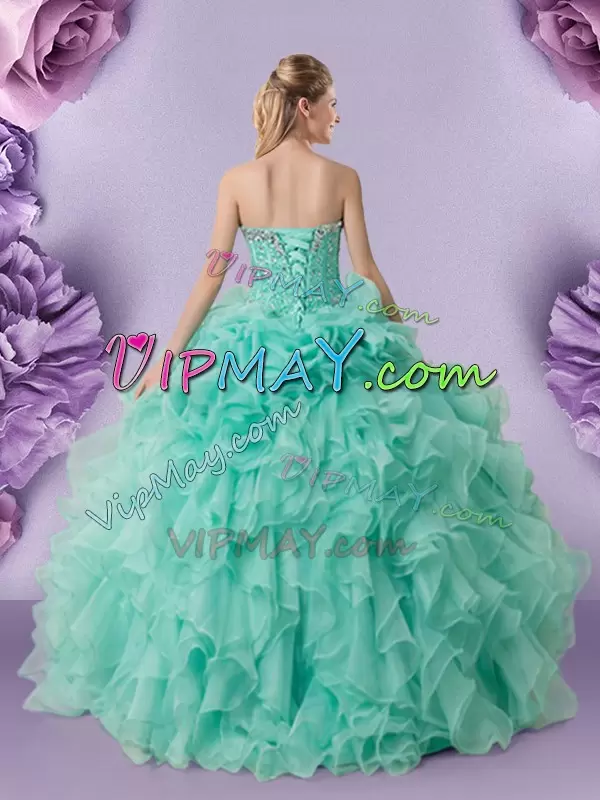 Cheap Floor Length Lace Up 15th Birthday Dress Apple Green for Military Ball and Sweet 16 and Quinceanera with Beading and Ruffles and Pick Ups