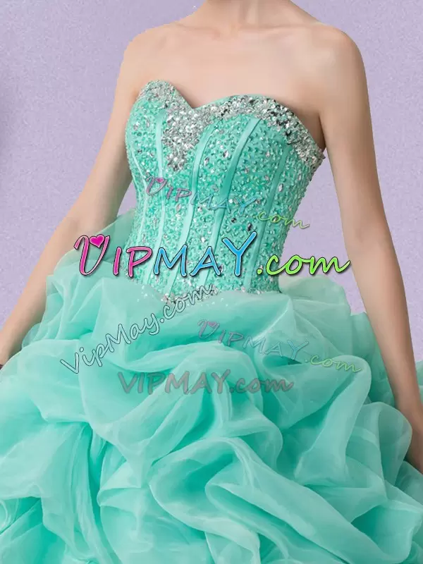 Cheap Floor Length Lace Up 15th Birthday Dress Apple Green for Military Ball and Sweet 16 and Quinceanera with Beading and Ruffles and Pick Ups