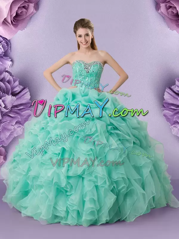 Cheap Floor Length Lace Up 15th Birthday Dress Apple Green for Military Ball and Sweet 16 and Quinceanera with Beading and Ruffles and Pick Ups