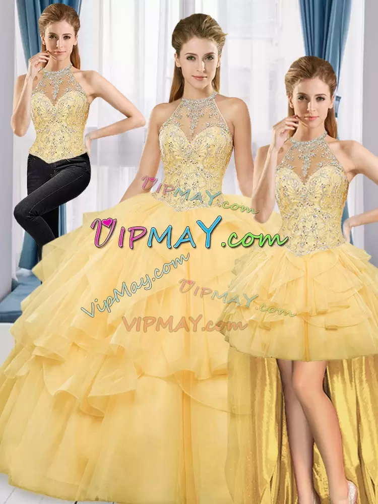 Custom Design Gold Tulle Lace Up Quinceanera Dresses Sleeveless Beading