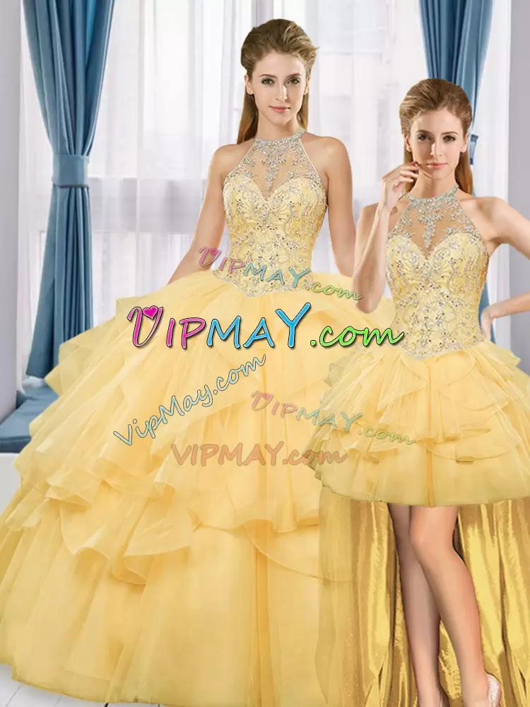 Custom Design Gold Tulle Lace Up Quinceanera Dresses Sleeveless Beading