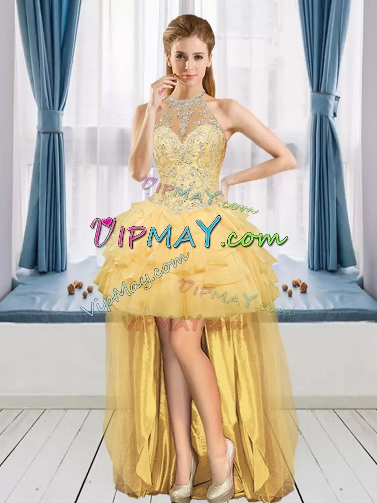 Custom Design Gold Tulle Lace Up Quinceanera Dresses Sleeveless Beading