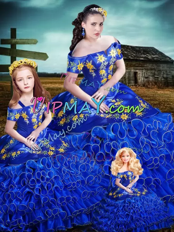 Royal Blue Quinceanera Dresses Sweet 16 and Quinceanera with Embroidery and Ruffles Off The Shoulder Sleeveless Lace Up