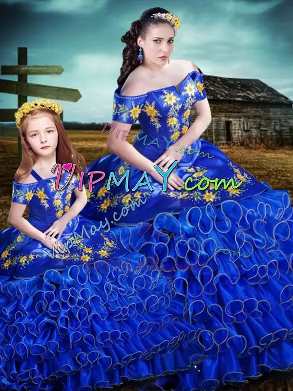 Royal Blue Quinceanera Dresses Sweet 16 and Quinceanera with Embroidery and Ruffles Off The Shoulder Sleeveless Lace Up