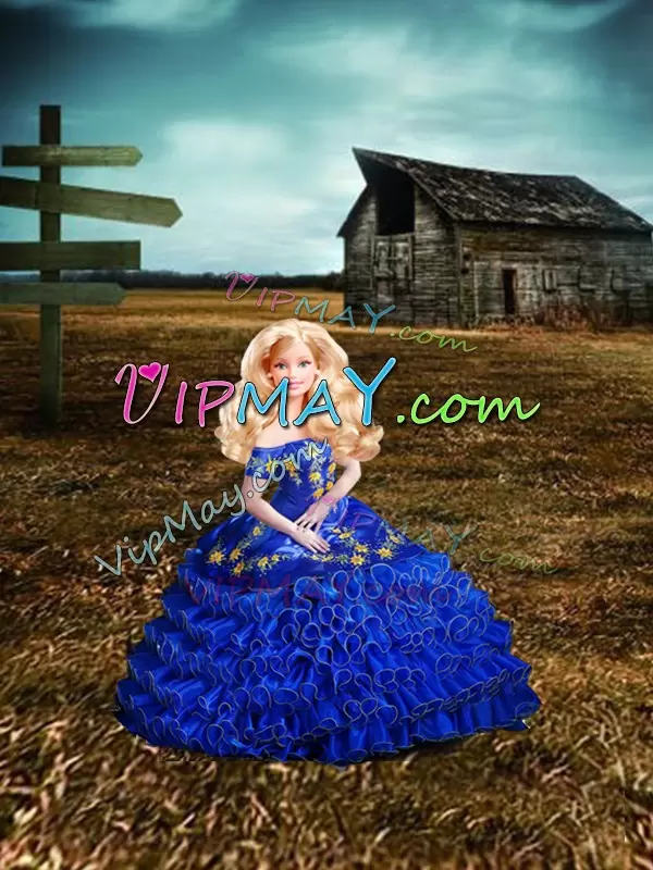 Royal Blue Quinceanera Dresses Sweet 16 and Quinceanera with Embroidery and Ruffles Off The Shoulder Sleeveless Lace Up