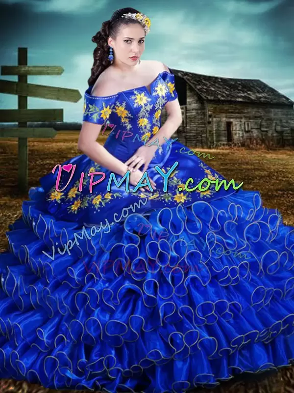 Royal Blue Quinceanera Dresses Sweet 16 and Quinceanera with Embroidery and Ruffles Off The Shoulder Sleeveless Lace Up