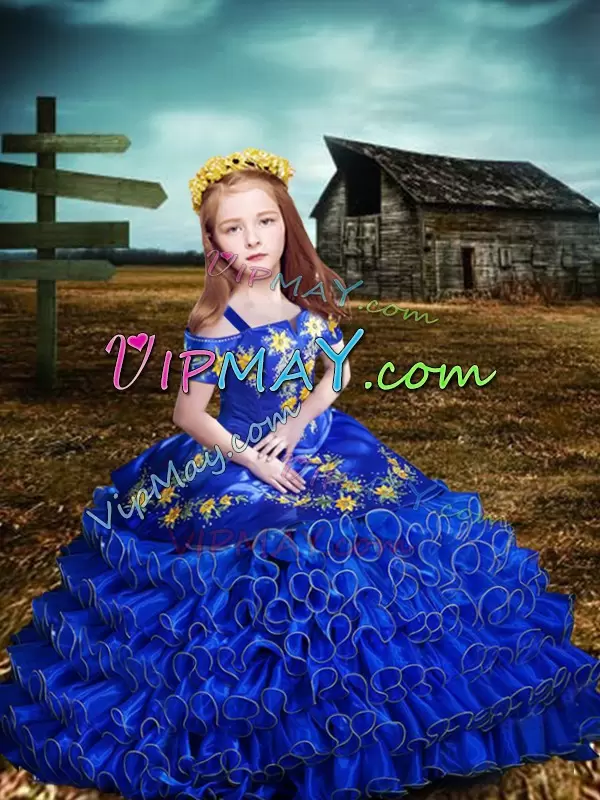 Royal Blue Quinceanera Dresses Sweet 16 and Quinceanera with Embroidery and Ruffles Off The Shoulder Sleeveless Lace Up