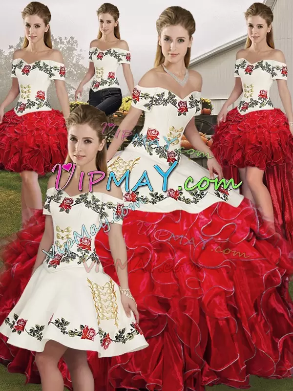 Flare Sleeveless Organza Floor Length Lace Up Quinceanera Gown in White And Red with Embroidery and Ruffles