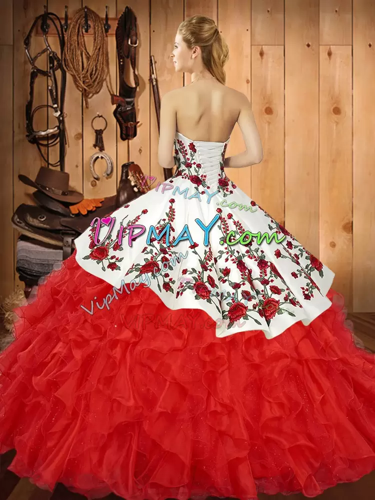 Wine Red Satin and Organza Lace Up Sweet 16 Dress Sleeveless Floor Length Embroidery and Ruffles