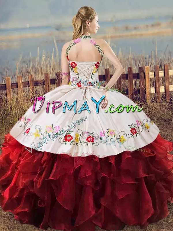 Adorable Embroidery and Ruffles 15th Birthday Dress White And Red Lace Up Sleeveless Floor Length