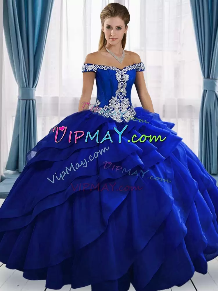 Glorious Royal Blue Sleeveless Floor Length Appliques Lace Up 15th Birthday Dress Off The Shoulder