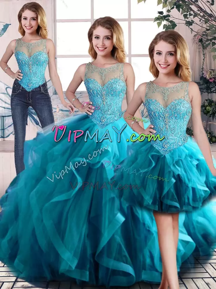 Aqua Blue Scoop Lace Up Beading and Ruffles Quinceanera Dresses Sleeveless