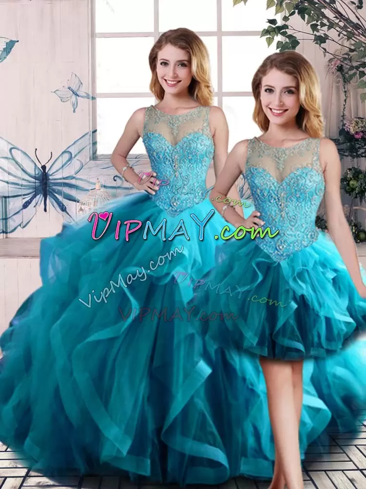 Aqua Blue Scoop Lace Up Beading and Ruffles Quinceanera Dresses Sleeveless