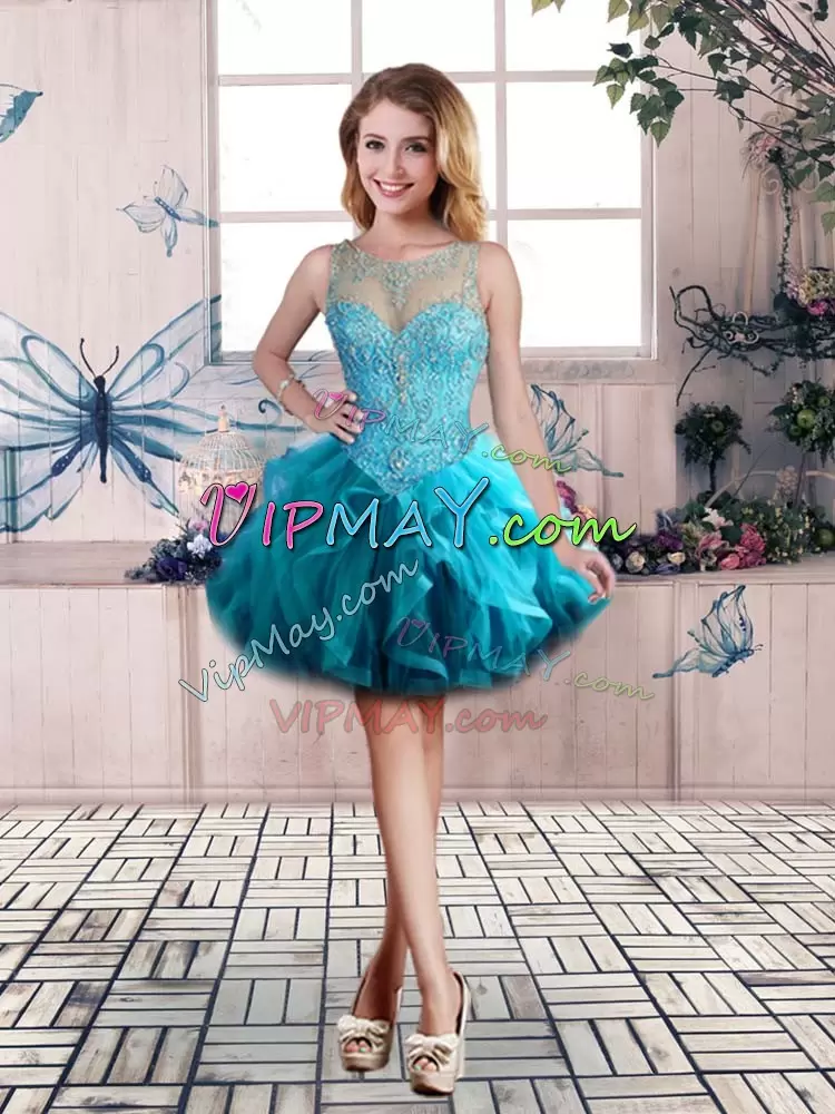 Aqua Blue Scoop Lace Up Beading and Ruffles Quinceanera Dresses Sleeveless