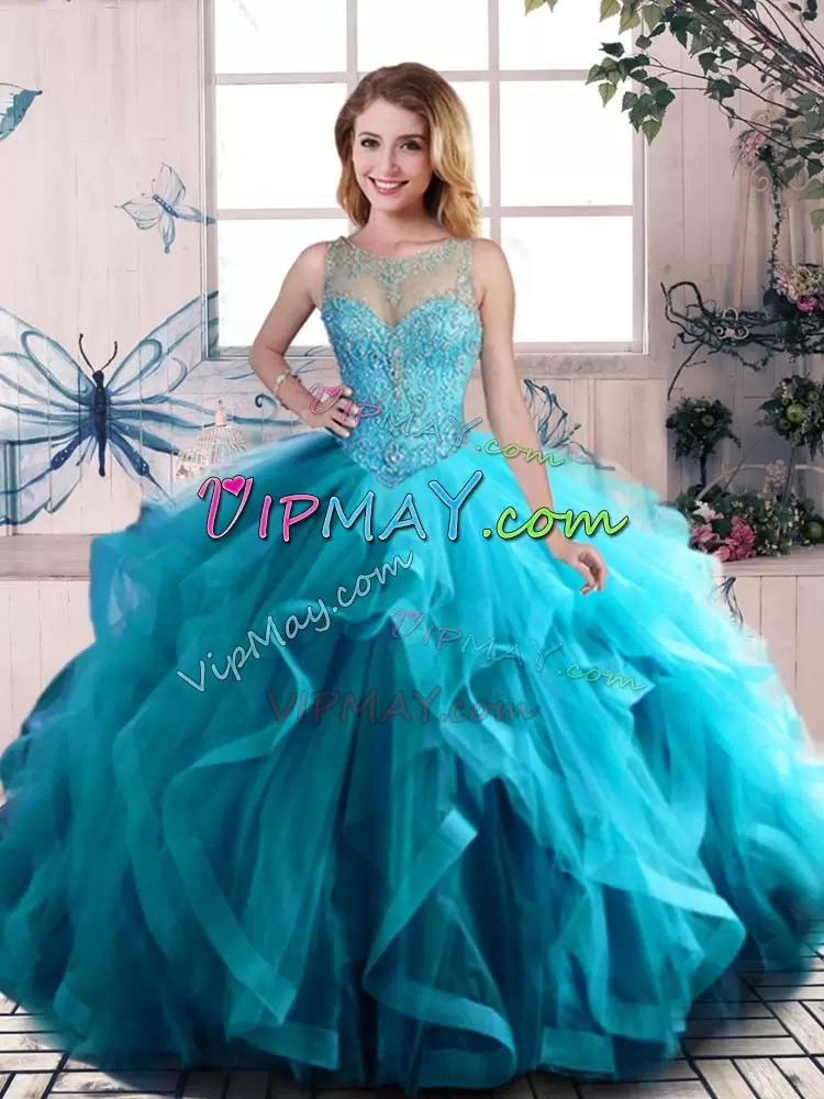 Aqua Blue Scoop Lace Up Beading and Ruffles Quinceanera Dresses Sleeveless