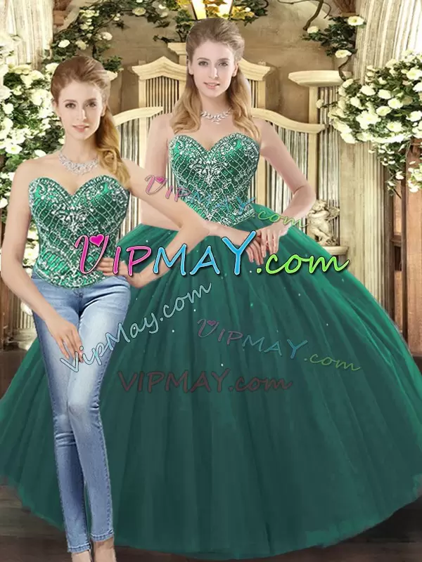 Tulle Sleeveless Floor Length 15 Quinceanera Dress and Beading