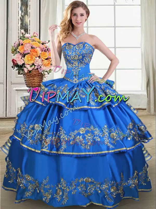 New Arrival Blue Sweetheart Neckline Beading and Embroidery and Ruffled Layers Quinceanera Gown Sleeveless Lace Up