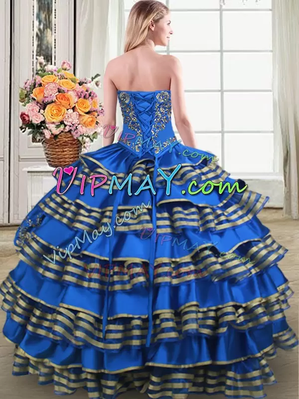 New Arrival Blue Sweetheart Neckline Beading and Embroidery and Ruffled Layers Quinceanera Gown Sleeveless Lace Up