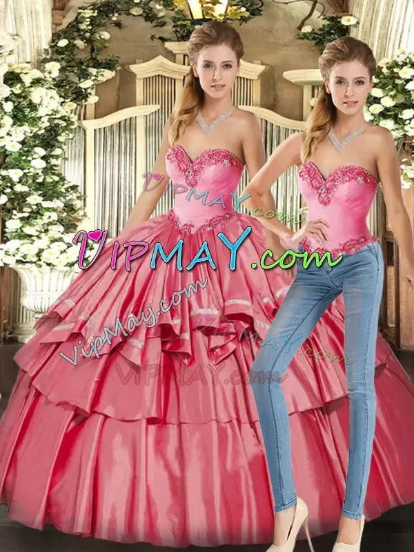 Watermelon Red Two Pieces Sweetheart Sleeveless Organza Floor Length Lace Up Beading and Ruffled Layers Quinceanera Dresses