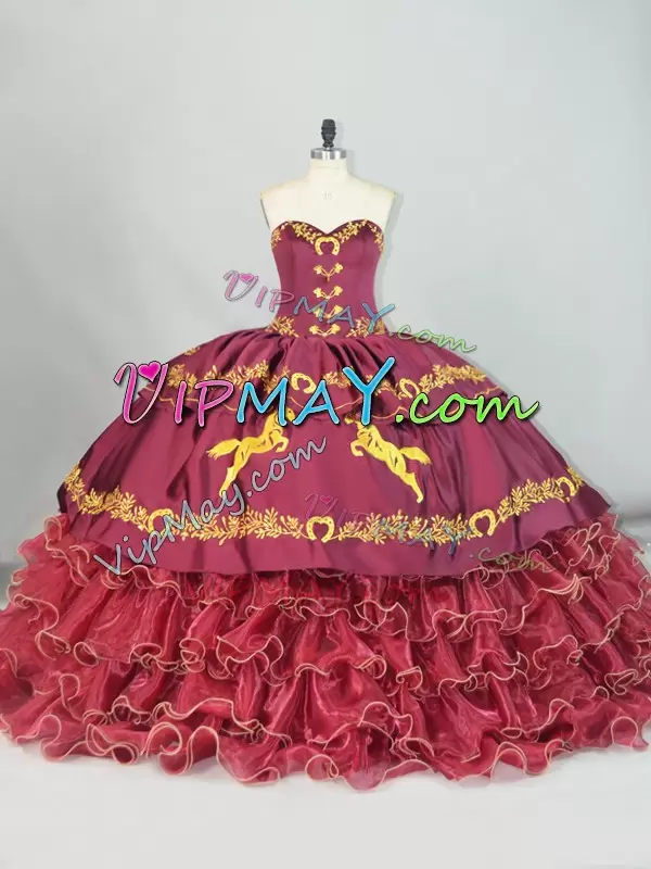 Dazzling Burgundy Brush Train Embroidered and Ruffled Layers 15th Birthday Dress with Horses