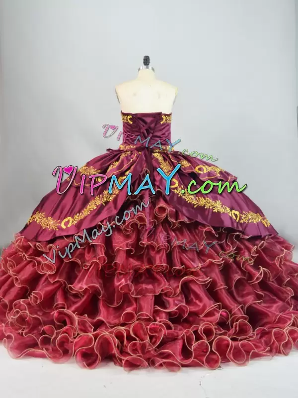 Dazzling Burgundy Brush Train Embroidered and Ruffled Layers 15th Birthday Dress with Horses