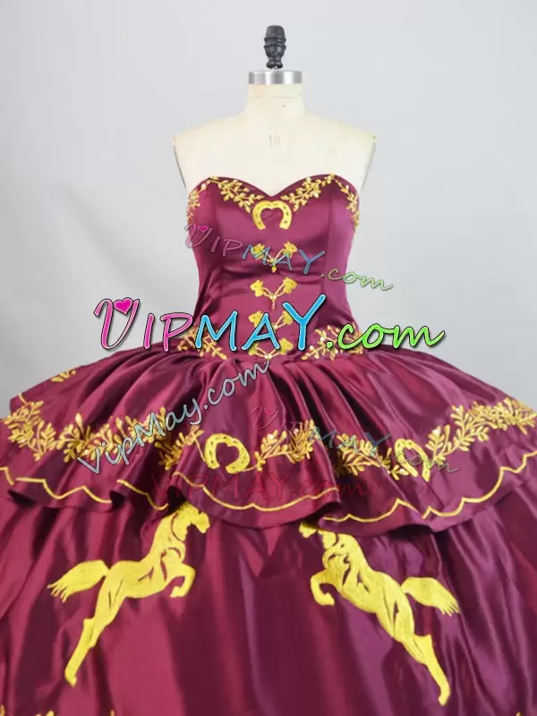 Dazzling Burgundy Brush Train Embroidered and Ruffled Layers 15th Birthday Dress with Horses