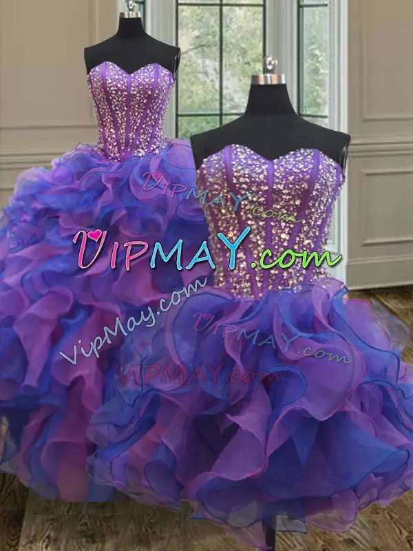 Adorable Ball Gowns Quinceanera Gown Blue and Purple Sweetheart Organza Sleeveless Floor Length Lace Up