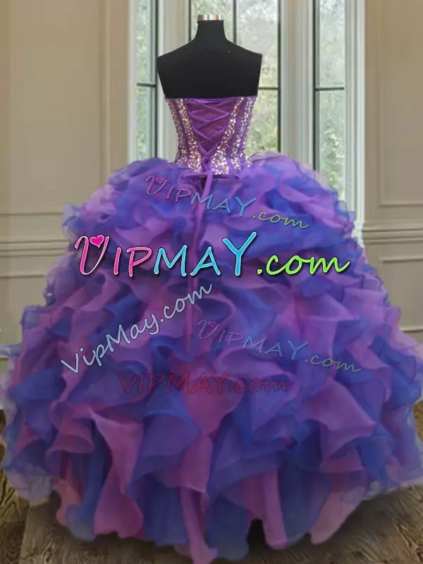 Adorable Ball Gowns Quinceanera Gown Blue and Purple Sweetheart Organza Sleeveless Floor Length Lace Up