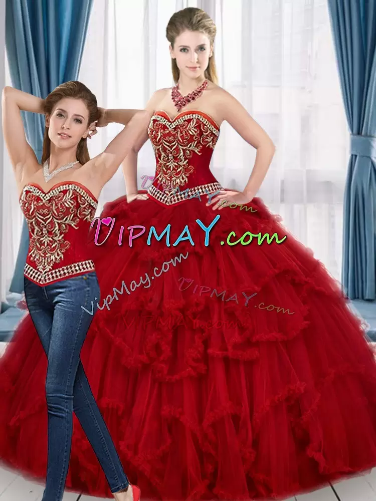 Red Sweetheart Neckline Beading and Ruffles Quinceanera Dress Sleeveless Lace Up