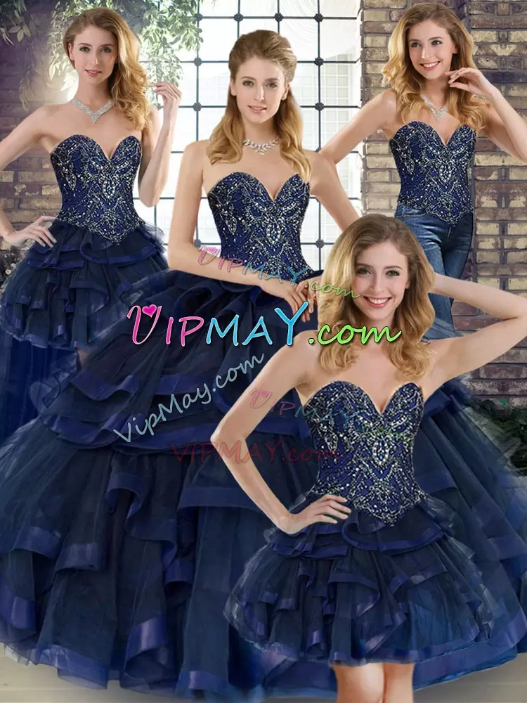 Navy Blue Ball Gowns Beading and Ruffles Quinceanera Gown Lace Up Tulle Sleeveless Floor Length