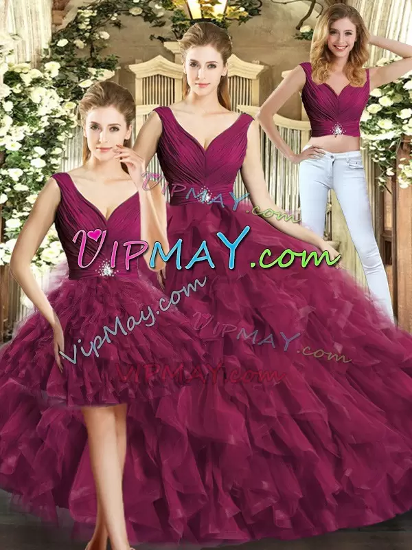 Tulle Sleeveless Floor Length Quinceanera Dresses and Beading and Ruffles