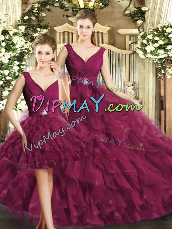 Tulle Sleeveless Floor Length Quinceanera Dresses and Beading and Ruffles